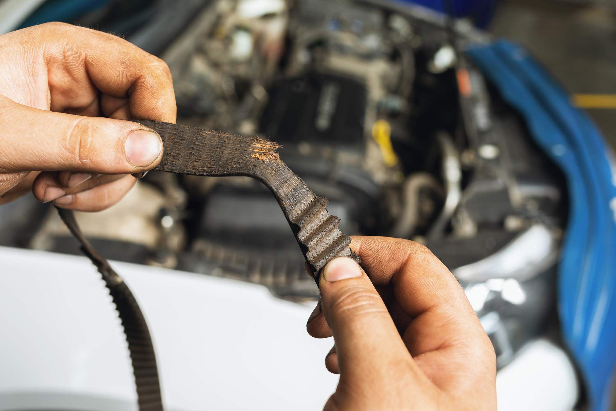 A mechanic inspects a damaged timing belt above the open hood of a car
