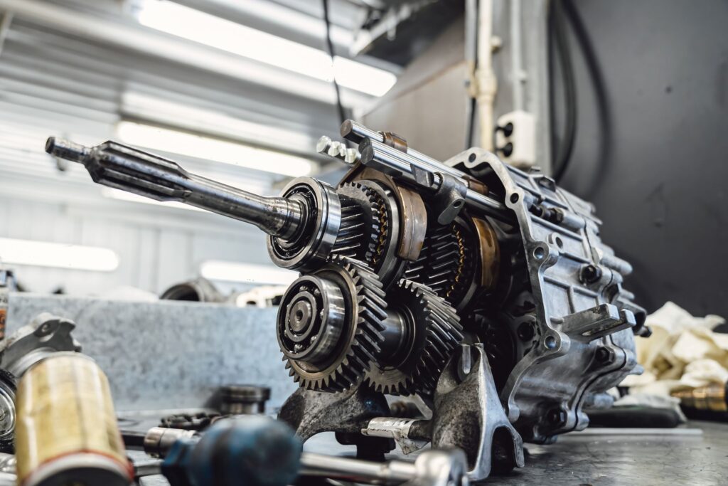 Close-up of a disassembled car transmission system
